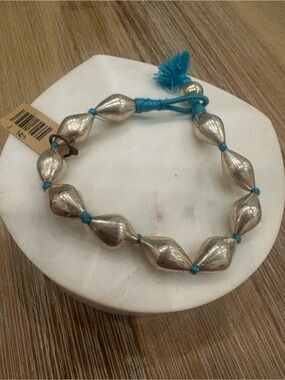 Boho Sterling Silver Teardrop Bead Bracelet Blue Tassel